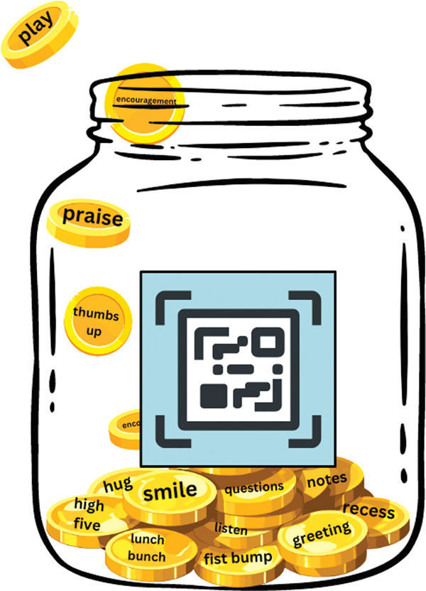 A glass jar representing relational wealth is filled with coins labeled praise, play, thumbs up, smile, hug, fist bump, listen, questions, notes, recess, greeting, high five, and other examples of positive interactions.