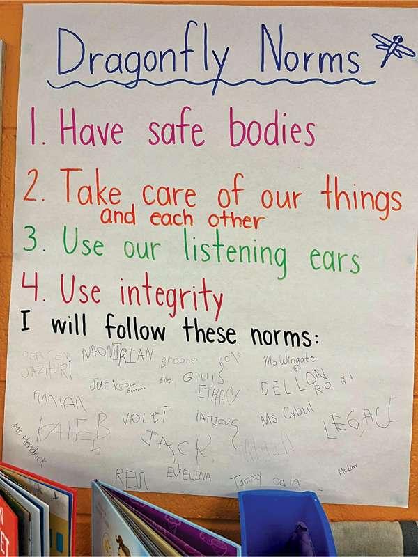 The list of dragonfly norms on a classroom chart includes: 1. Have safe bodies. 2. Take care of our things and each other. 3. Use our listening ears. 4. Use integrity. A statement below it reads: I will follow these norms, accompanied by the signatures of the students in the class.
