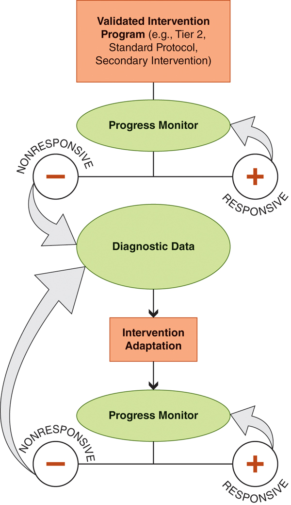 A data-based intervention process includes monitoring, diagnostics, and adaptations based on responsiveness.