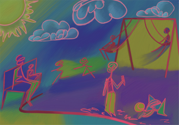 A colorful, abstract illustration of a park on a sunny day. Children swing on a swing set, play tag, and draw with chalk on the sidewalk. An adult and child sit together on a bench.