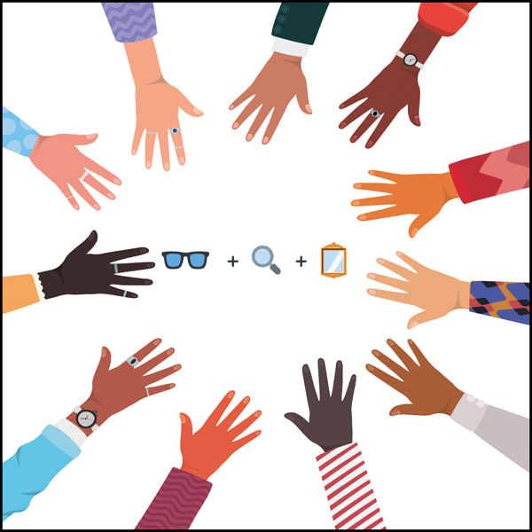 Eleven hands in different skin colors in a circle, reaching toward the center. At the center of the circle are three icons representing eyeglasses, a magnifying glass, and a mirror. The image represents the Community Model for Classroom Management.