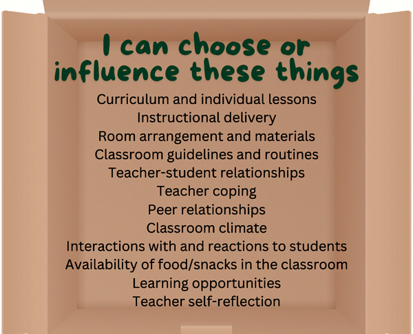 The inside of the cardboard Teacher's Box lists the things that teachers can choose or influence.