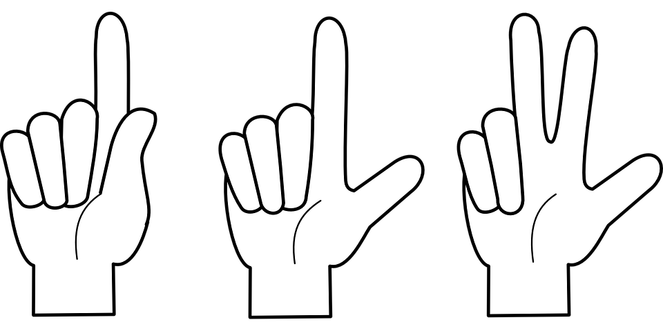 three hands, holding up one finger, two fingers, then three fingers