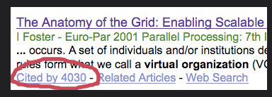 a google scholar search result with the cited by link circled in red ink