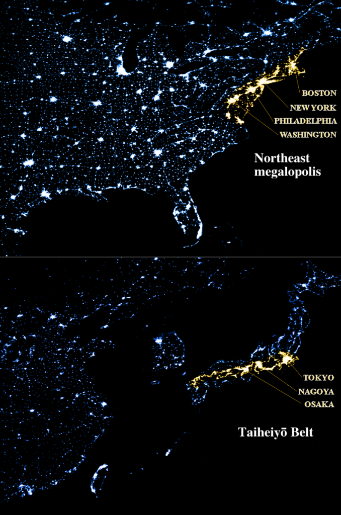 Night view of the northeast megalopolis and the Taiheiyō Belt in Japan