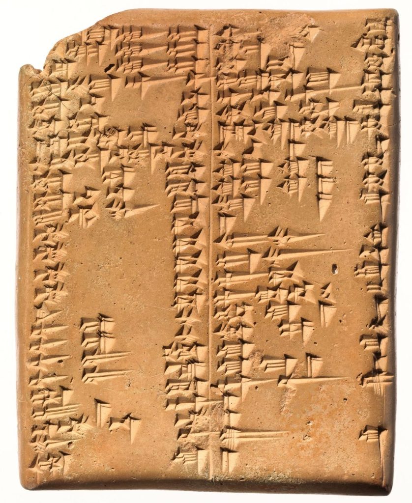 Picture of a tan clay Cuneiform tablet written in Sumerian and Akkadian