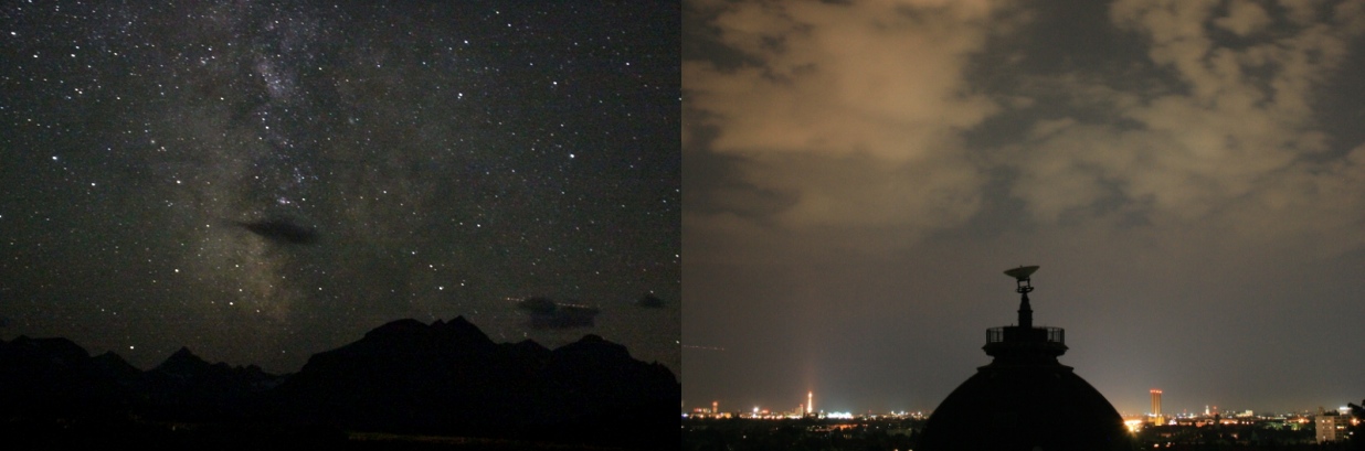 A two-photo comparison displaying the impacts of light pollution on the night sky. In the photo on the left, many stars and the Milky Way is visible. In the photo on the right, also taken at night, there are only clouds and a relatively bright sky.