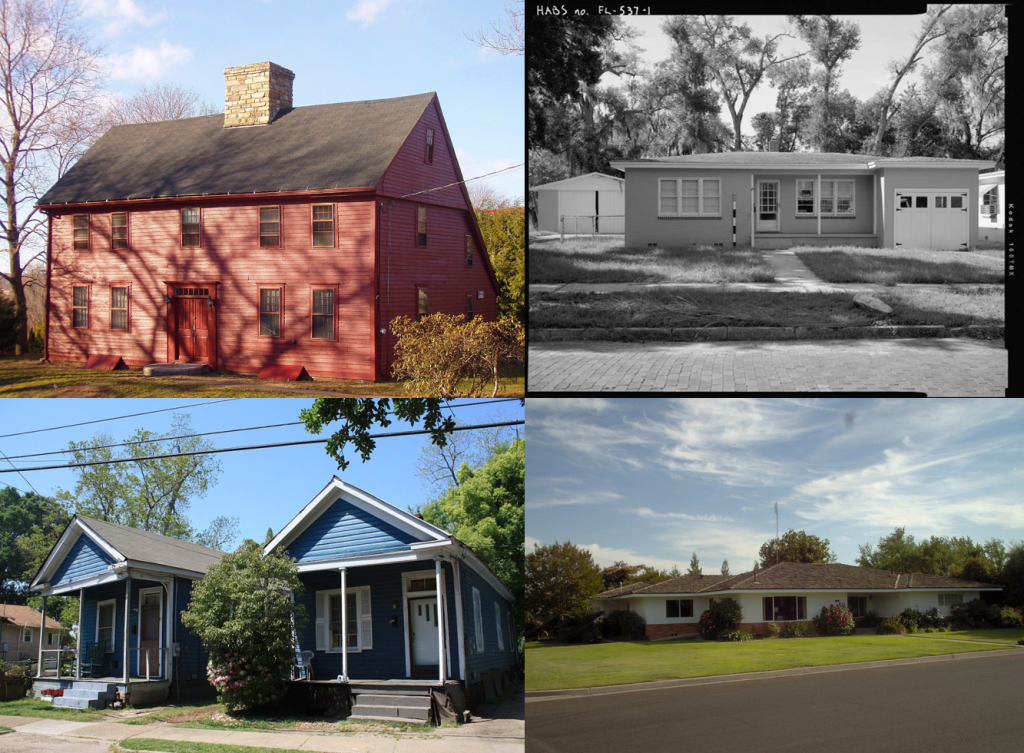 Pictures of different Housing Styles including a saltbox house with a steeped roof, a typical Florida home with a flat roof, a ranch house, and a narrow shotgun house.