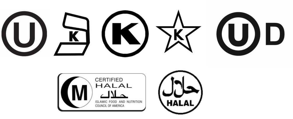 The most commonly used symbols to denote kosher or halal foods