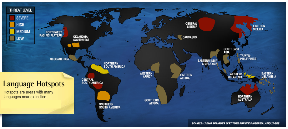 Map of areas where there are significant numbers of endangered languages