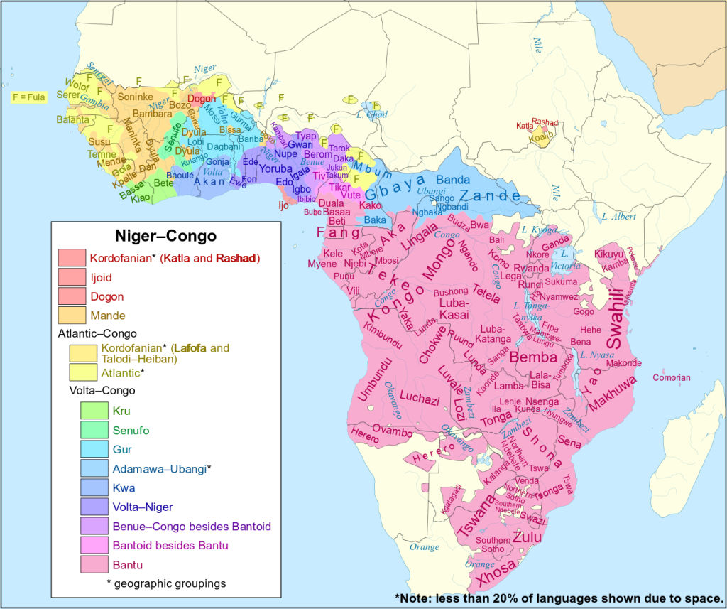 Map of Niger Congo languages in Sub-Saharan Africa