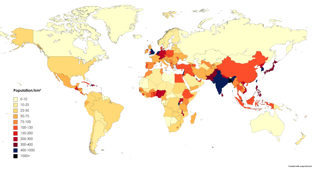 Population density (people per square kilometre) by country in 2023