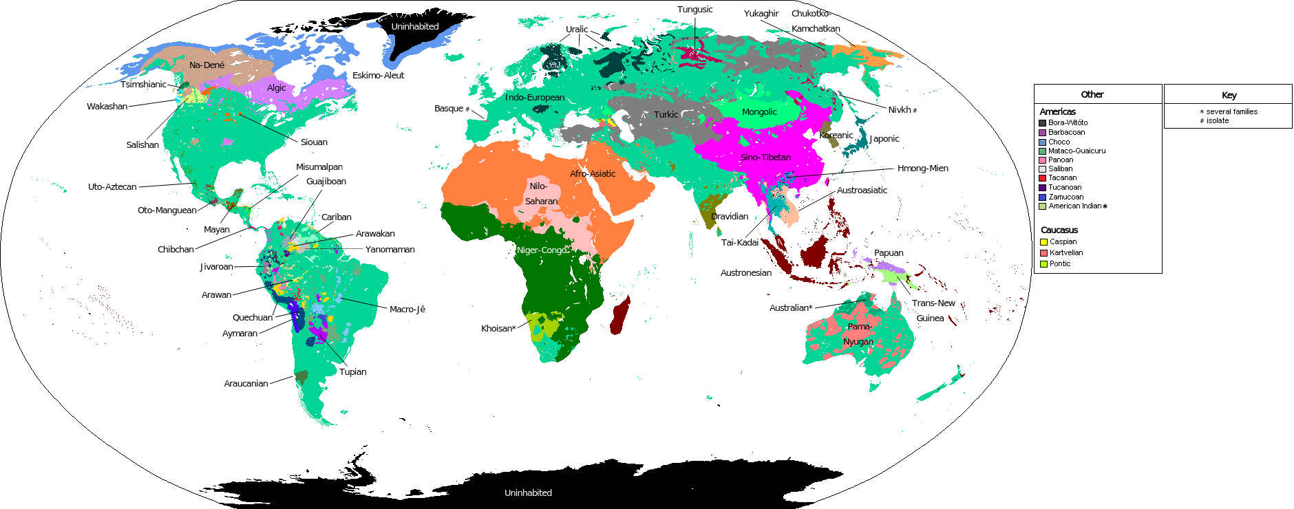 Contemporary distribution (2005 map) of the world's major language families (in some cases geographic groups of families). This map includes only primary families i.e. branches are excluded.