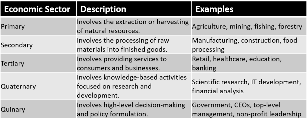 Chart displaying the five economic sectors, a description of each, and examples.