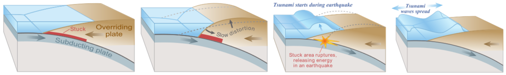 Four part diagram showing the formation of a tsunami