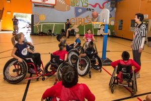 Children in wheelchairs playing basketball
