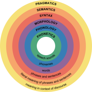 A circular diagram illustrating the hierarchical structures of language. The outermost ring is labeled 'Pragmatics: Meaning in Context of Discourse,' followed by inner layers labeled 'Semantics': literal meaning of phrases and sentences, 'Syntax': phrases and sentences, 'Morphology': words; 'Phonology': phonemes, and 'Phonetics': speech sounds moving inward.