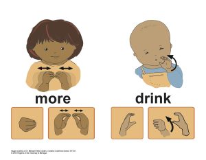 A simple drawing of two children. The child on the left is signing 'more' using both hands, fingertips touching together in front of their chest. The child on the right is signing 'drink' by mimicking the motion of holding and tipping a cup to their mouth. Both children are smiling and facing forward, with clear hand gestures to indicate the signs