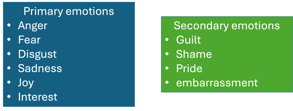 A list of primary emotions (anger, fear, disgust, sadness, joy, interest) on the left. A list of secondary emotions (guilt, shame, pride, embarrassment) on the right.