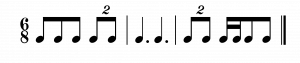 Duplets are shown with the number "2" over them in 6/8 time