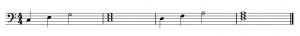 Two triads, shown melodically and harmonically; the first triad is on three adjacent spaces, while the second triad is on three adjacent lines