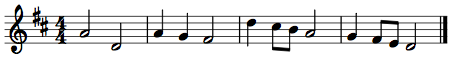 First a melody is shown in protonotation, with solfege and a series of lines and dashes. Next it is transcribed into staff notation, in treble clef in D major and common time