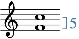 A generic fifth is shown with the notes F and C, on a staff with a treble clef. 