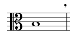 A note in alto clef with a breath mark after it.