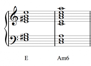 Two triads, E major and A minor in first inversion, appear with notes doubled and as properly identified.