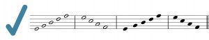 Provides an illustration of correct noteheads, both open (white) and filled in (black). The noteheads are drawn on both lines and spaces.