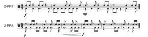 There are 2 two-part rhythms that contain dotted rhythmic values that do not have the duration of a full measure. Dynamic markings as well as crescendos and decrescendos are also present.