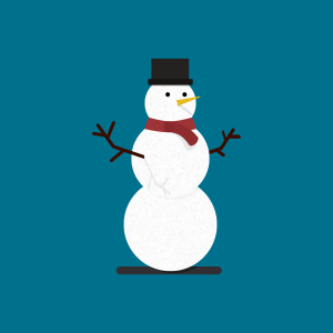 A snowperson with a hat and scarf is shown.
