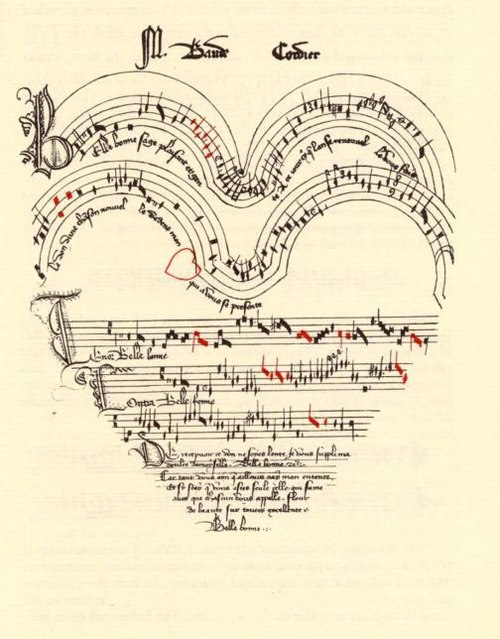 This image shows a musical score of three parts which is written in traditional Western musical notation. However, the staves have been re-shaped to resemble a heart.