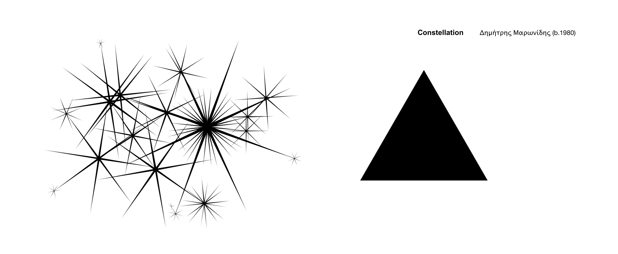 A graphic score is shown. On the left side are a series of abstract, star-like figures. On the right side is a filled-in black triangle. The score contains no color.
