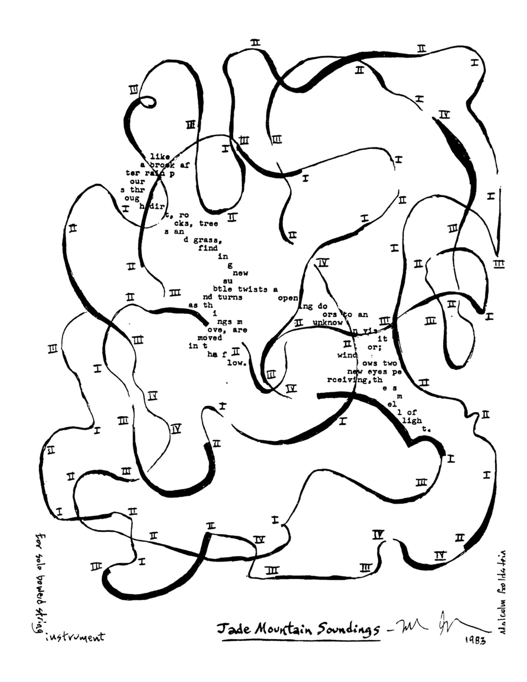 A graphic score is shown. There is a long line which twists and curls over the whole page, like a ribbon. There are Roman numerals--the numbers 1, 2, 3, and 4--throughout the page. A text is written on the score: “like a brook after rain pours through dirt, rocks, trees, and grass, finding new subtle twists and turns as things move, are moved in that low/twists and turns opening doors to an unknown visitor; windows two new eyes perceiving, the smell of light.”In the bottom left corner, the text “for solo bowed string instrument” appears.