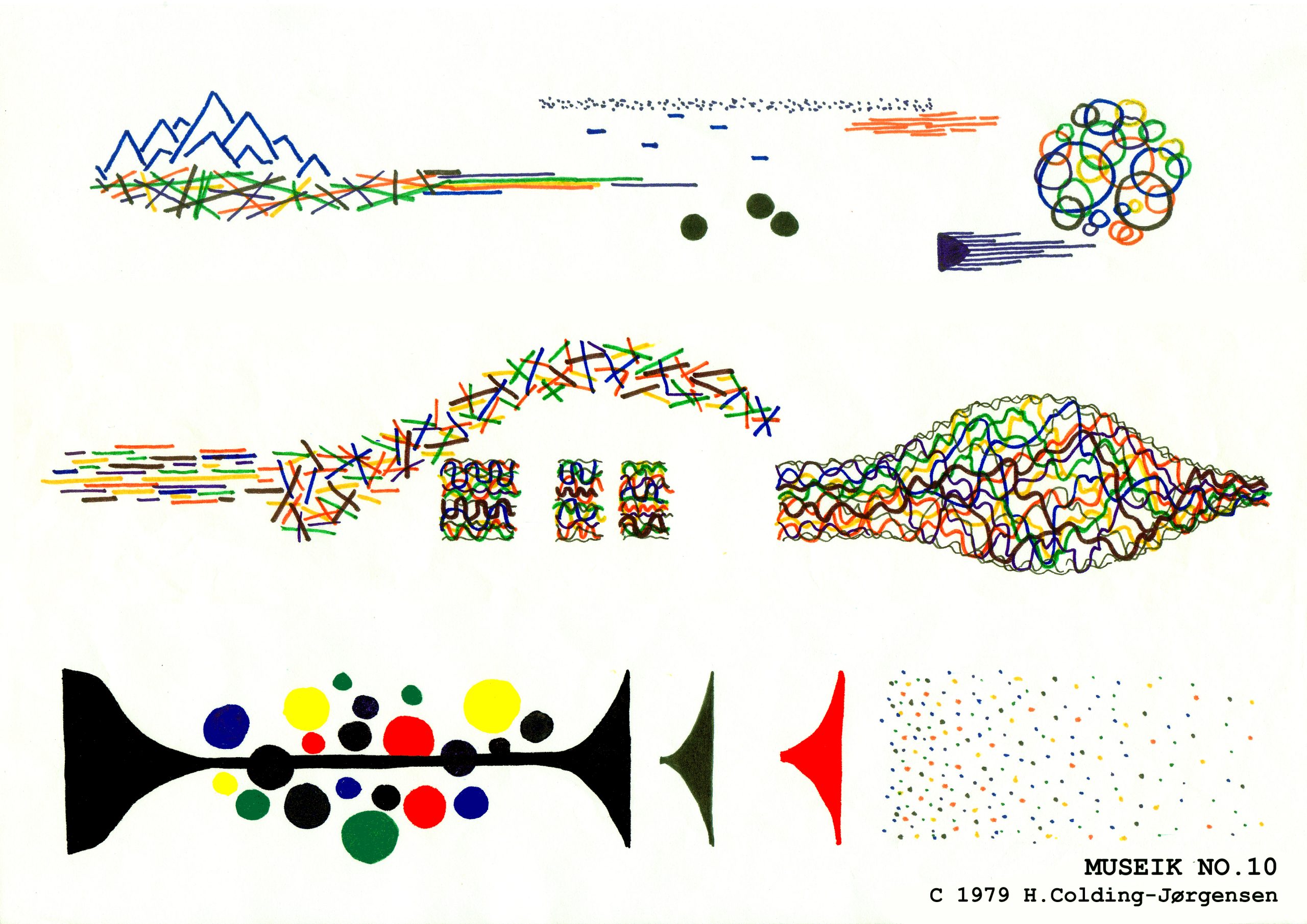 The example shows a graphic score with different symbols around the entire score. Many of the patterns feature shapes made out of different colored lines, some are filled in circles. Some are shapes made out of empty circles of varying colors. At the bottom there is a prominent structure that consists of a long black horizontal hourglass shape surrounded by filled in circles that are red, blue, green, black, and yellow. To the right of this structure there are two end pieces of the hourglass shape in green and red. To the right of those is a large square of tiny different colored dots.