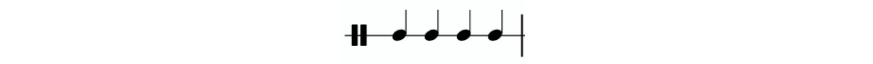 A percussion clef is shown on a one-line staff. Four quarter notes are shown on the staff.
