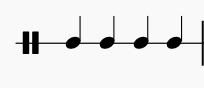 A percussion clef is shown on a one-line staff. Four quarter notes are shown on the staff.