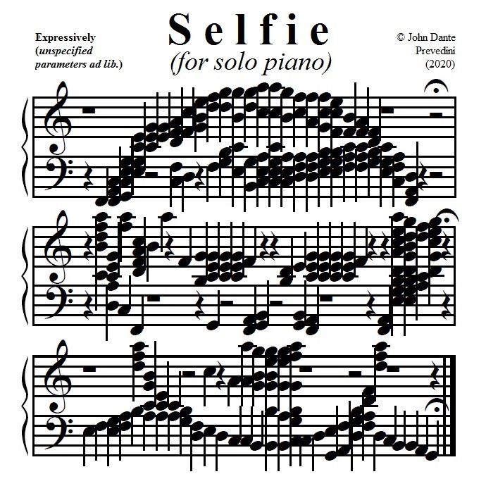 This example shows a musical score of three grand staves. The notes on each of the staves are grouped together to form a musical portrait of John Prevedini, the composer, complete with hair, two eyes, a nose, mouth, and a neck. The picture is not very clear because it is made with notes.