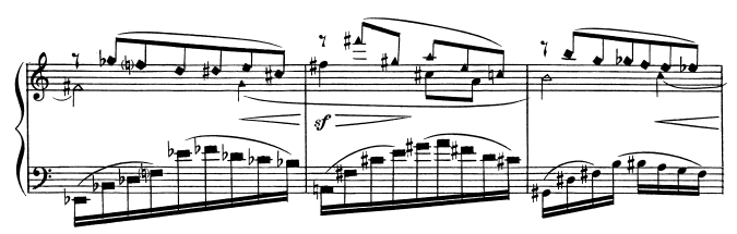 This example shows a grand staff with notes along the top and bottom staves. Some note heads, that are usually circular have been replaced with shapes such as triangles, squares, and diamonds.