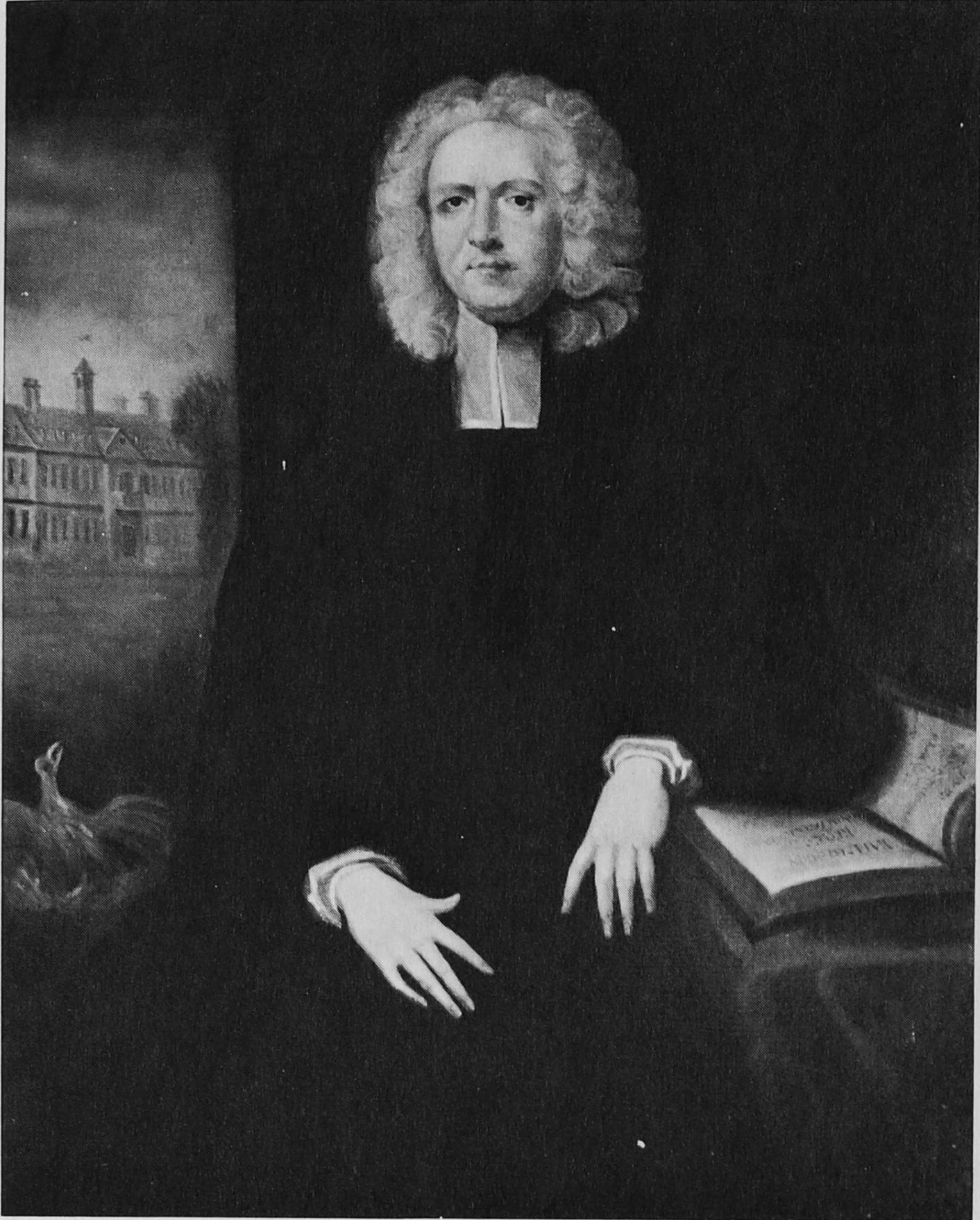 Portrait of a serious James Blair. His elbow rests on a book, and the college is shown in the background.
