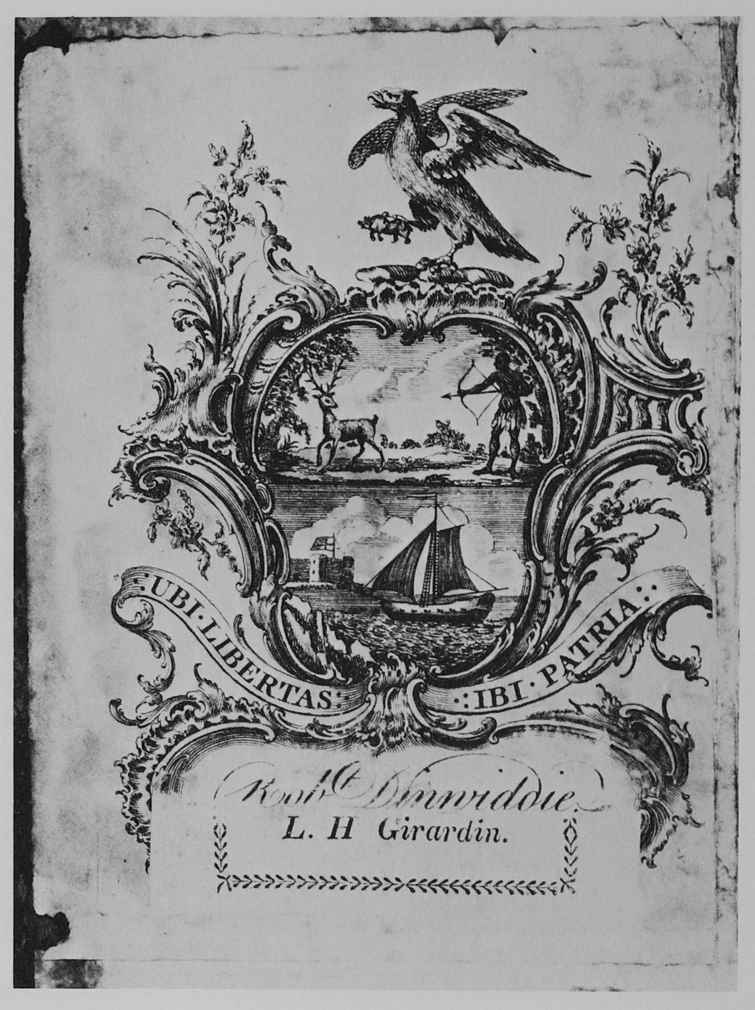 Ornate bookplate with the framed image of a native American hunting deer, a sailing ship, and a griffin atop the frame. Dinwiddie's name is nearly covered by another.