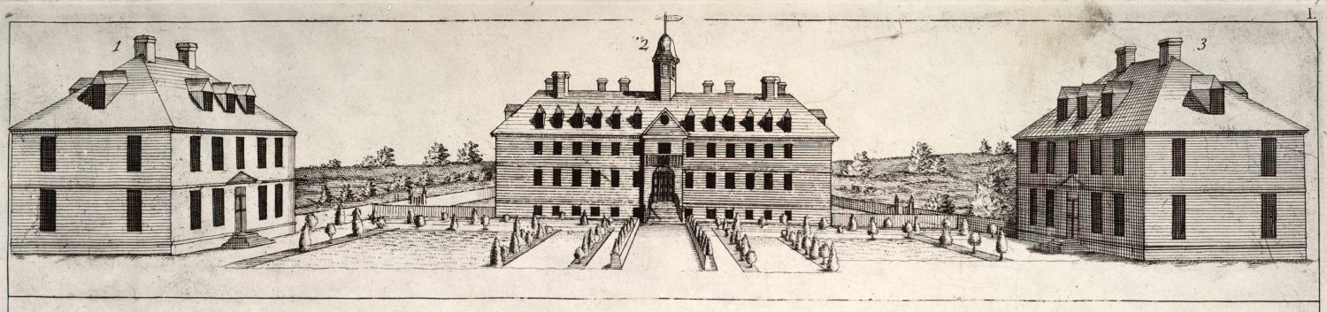 Engraving shows the main building and two dependencies, with a formal garden.