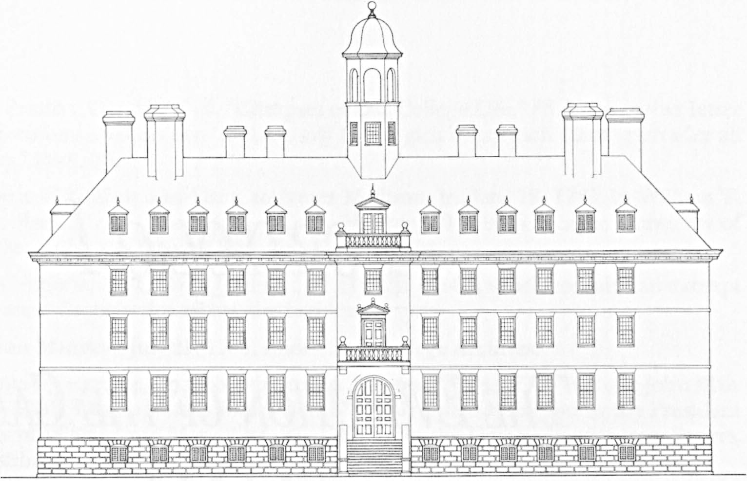 Line drawing of the symmetrical three-story college building with central tower and decorative elements.