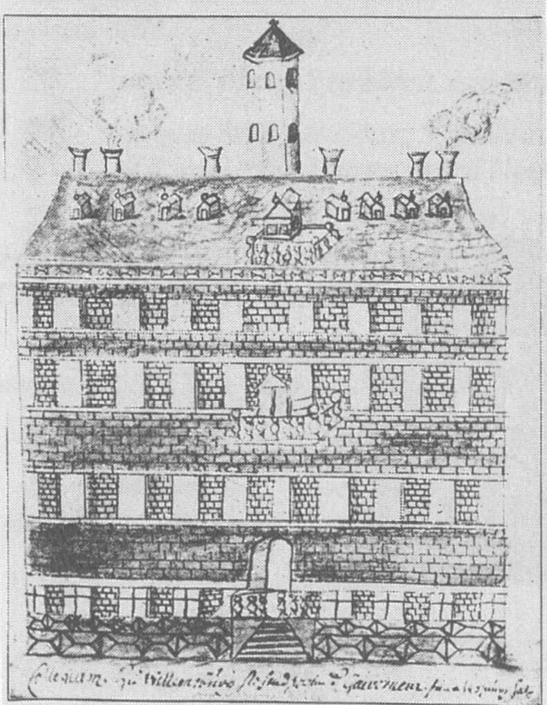 Structure with three main levels and a rooftop featuring several chimneys and dormer windows, with a tower at the center.