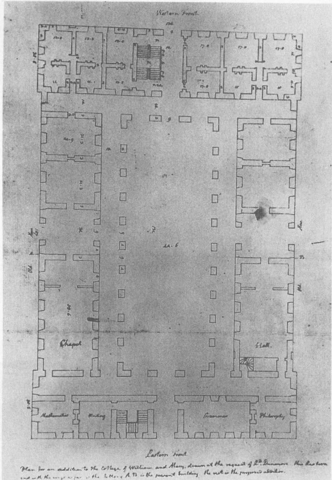 Hand-drawn architectural plan, rectangular and symmetrical with different sections labeled with purposes or room names and an open center area.
