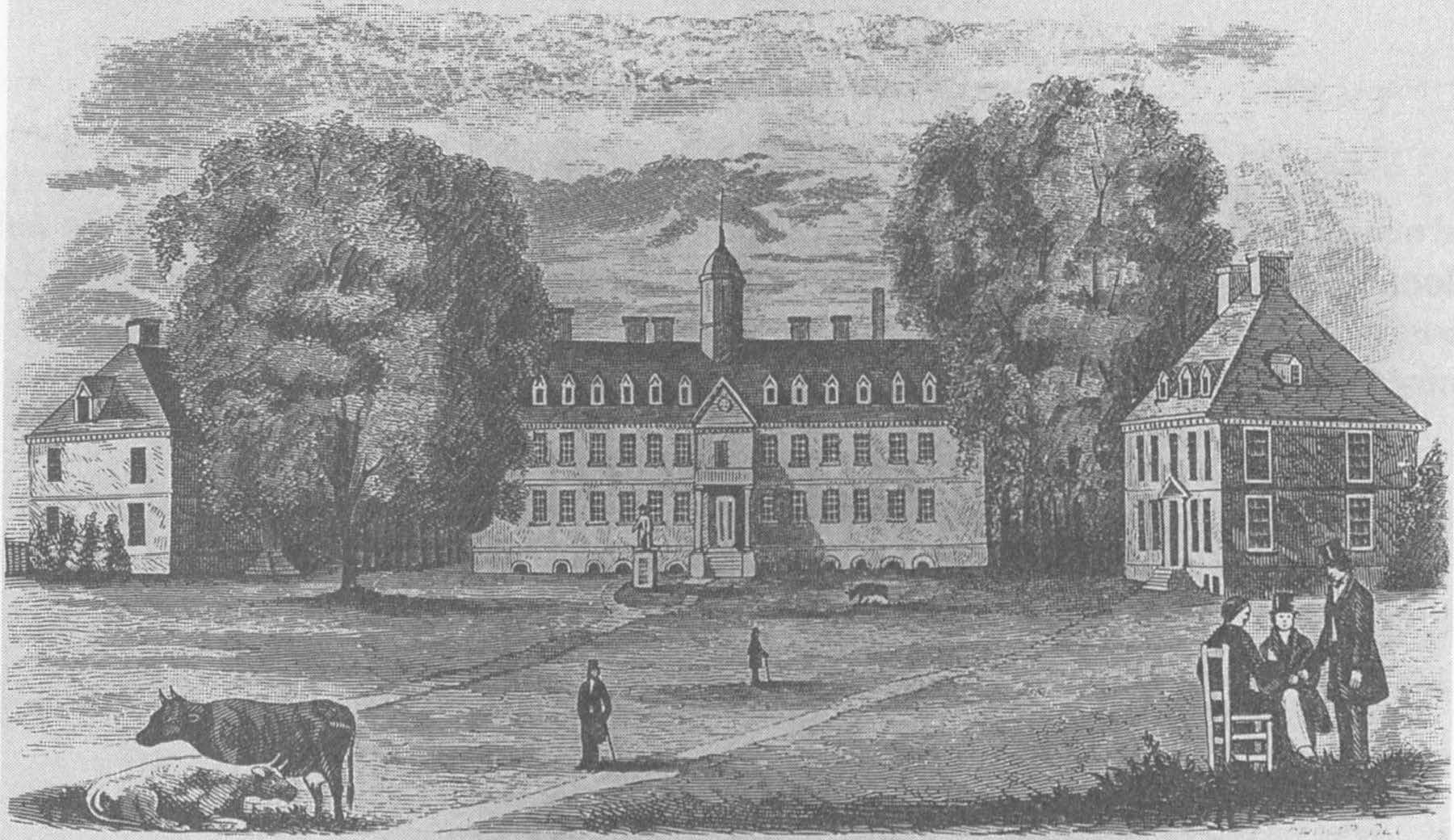 Lithograph shows the main building flanked by its two dependencies. There are two large trees, one each between the buildings. Men and animals are in the yard.