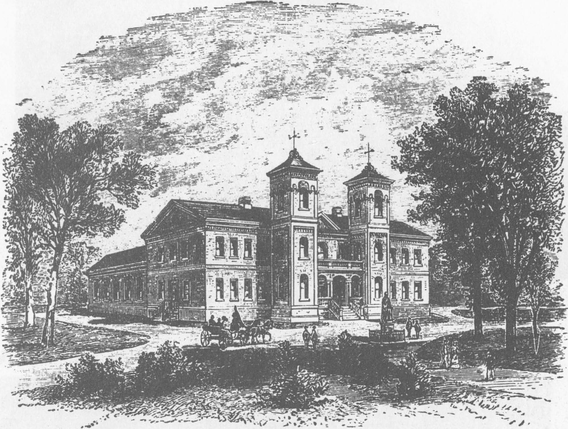 Main building with twin Italian-style towers. A carriage is seen on a road out front.