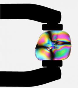 Figure 2.3.21. Optical stress analysis of a plastic lens placed between crossed polarizers. (credit: Infopro, Wikimedia Commons)