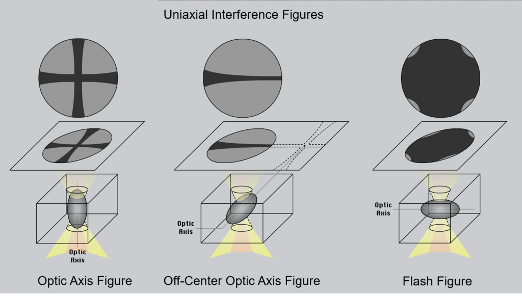 Figure 2.8.7. Different types of interference figures produced by uniaxial minerals. For simplicity, isochromes are not shown. The lower part of each image shows the orientation of the indicatrix for the mineral. The middle part of the diagram shows the interference figure relative to the thin section and the upper image shows the view through the microscope ocular.